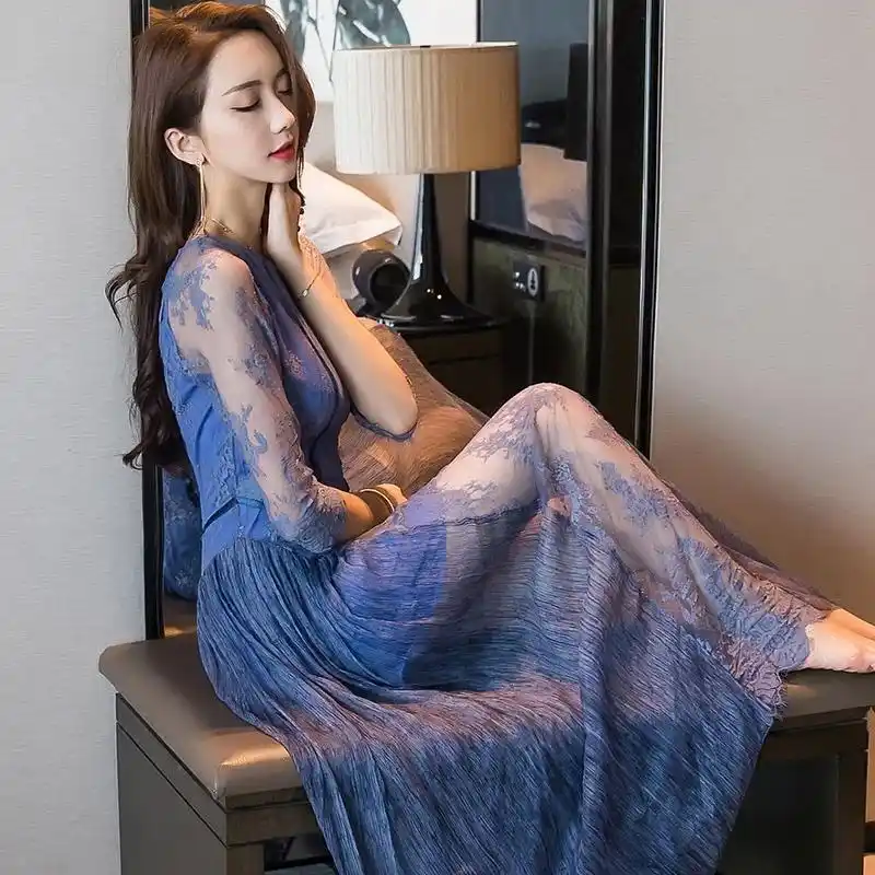 2018春装新款女装复古蕾丝网纱裙子雪纺连衣裙