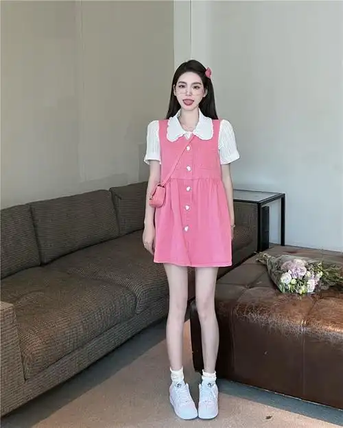 实价实拍 白色衬衫 粉色牛仔连衣裙背心裙套装 - 17网