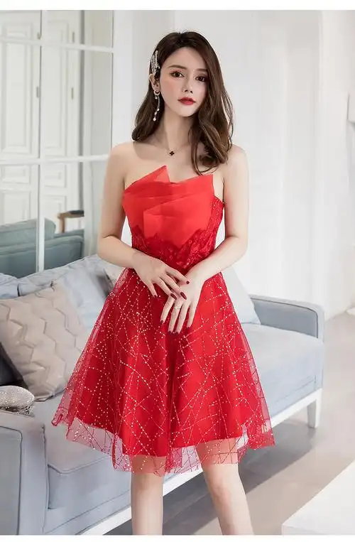 实拍现货甜美性感抹胸修身连衣裙仙女气质收腰蓬蓬网纱小礼服