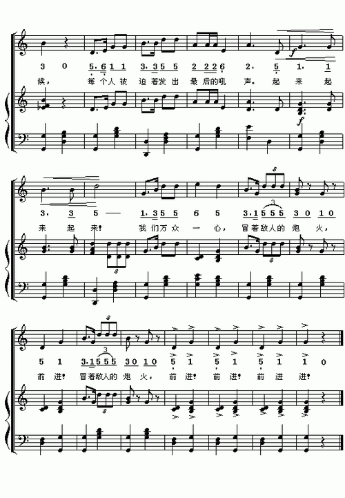 义勇军进行曲国歌简谱五线谱对照