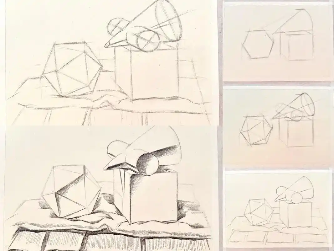 【刻画步骤】素描石膏几何体组合结构详解.#零基础学画画 #素 - 抖音