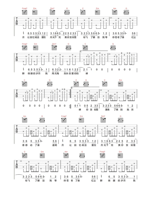 发如雪吉他谱-周杰伦-c调原版编配-吉他弹唱六线谱