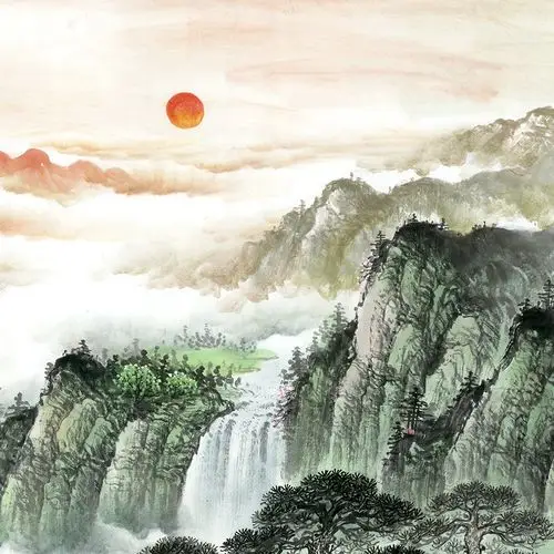 旭日东升风水招财靠山国画山水画心办公客厅装饰高清微喷打印复制