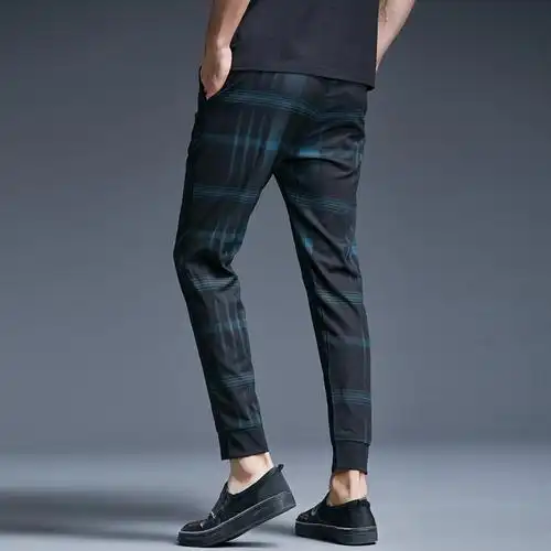 k卡瓦缇2018夏季新款不规则格纹裤子 男士复古英伦风格子束脚裤k