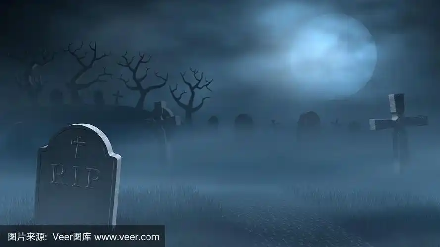 阴森朦胧的墓地上的墓碑,满月的夜晚