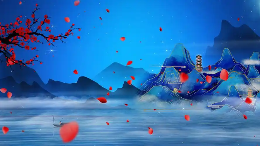 4k蓝色新潮中国风山水梅花飘落美景视频背景ae模板新中式水墨山水画