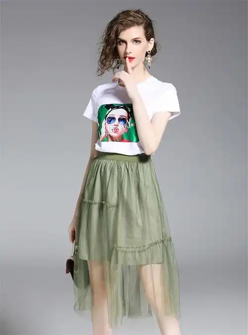 伊诺祺夏季新款女装短袖t恤网纱半裙两件套装