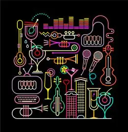 高脚酒杯音乐乐器酒吧元素霓虹灯绘画背景