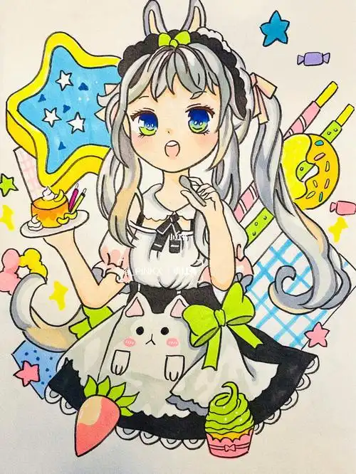 马克笔手绘动漫人物甜品女孩临摹附线稿