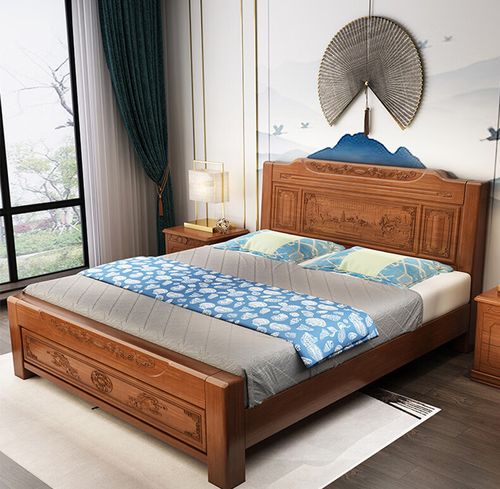 盎梓中式实木床头双人雕花高箱储物床1.5米1.