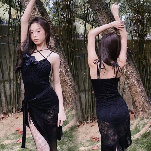 ella拉丁舞服植绒豹纹吊带上衣蕾丝臀巾流苏裙跳舞套装表演艺考女