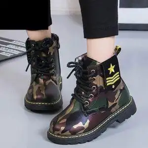 男童儿童军训靴马丁靴女孩单靴秋冬新款学生短靴迷彩军靴加绒棉鞋
