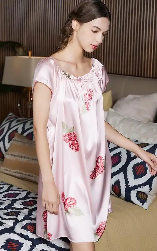 雅歌星杭州真丝睡衣女夏季薄款短袖睡裙公主裙宽松加大码冰丝家居服