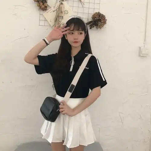 女生酷酷的衣服上衣夏2018新款学生翻领撞色短袖字母套头短款t恤