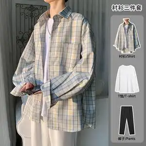 vintage格子衬衫男ins痞帅日系风格穿搭一套森系成熟风男装三件套