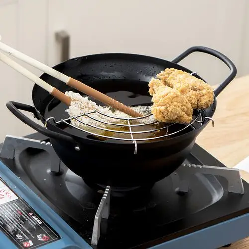 日本进口天妇罗油炸锅家用土豆小炸锅煤气燃气电磁炉通用迷你铁锅