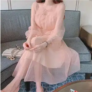 韩版chic女神范超仙长袖网纱裙子春秋新款法式甜美粉色蕾丝连衣裙