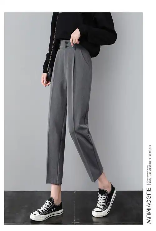 小直筒裤女小个子显腿细腿长的裤子女灰色西装裤女高腰直筒宽松显瘦