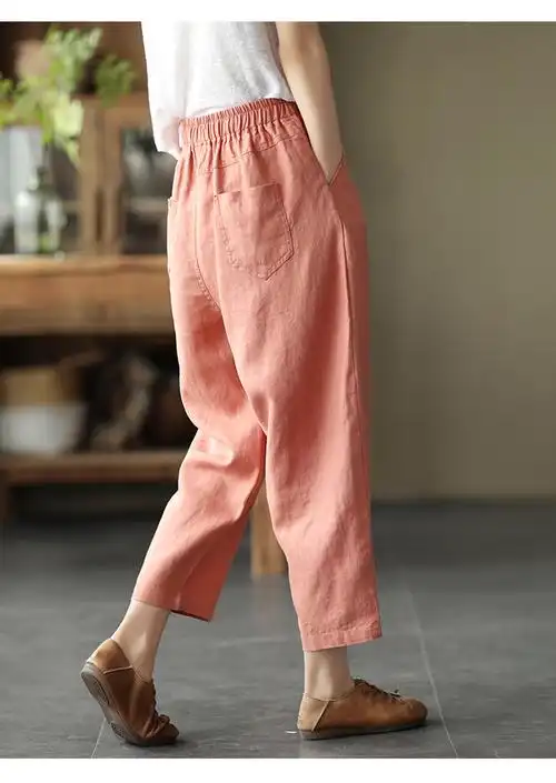 琪镌绘制夏款复古苎麻女裤松紧腰显瘦拼接哈伦裤纯色休闲九分裤