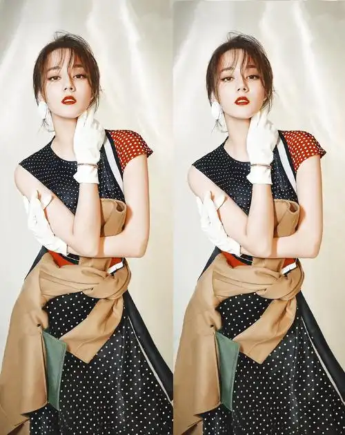 迪丽热巴走"暗黑系赫本风"!戴白手套配波点很雅艳,但为啥绑腰