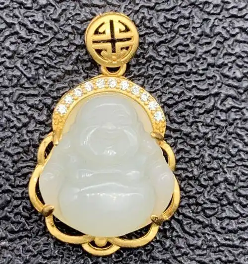 新款s925银古法银镶和田玉吊坠小佛 弥勒佛挂饰玉佩挂件项链礼物