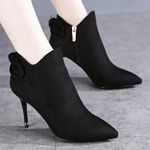 热卖2019秋冬季韩版性感黑色蝴蝶结加绒面短筒尖头高跟鞋细跟短靴女靴