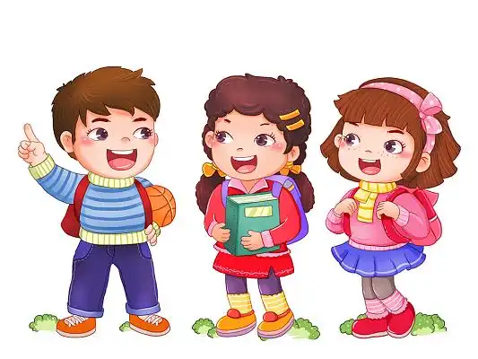 新学期开学上学路上聊天的小学生卡通元素插画