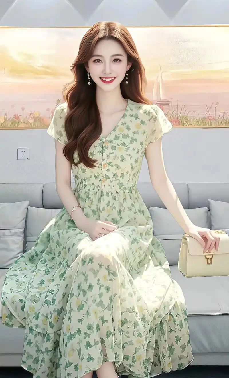 2024夏季新款钓系约精致绿色碎花连衣裙