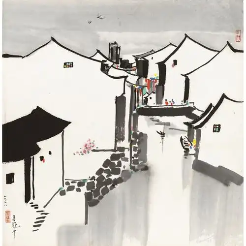 姿翰超高清微喷装饰画吴冠中中式油画江南水乡小桥人家纸本67x66纸本