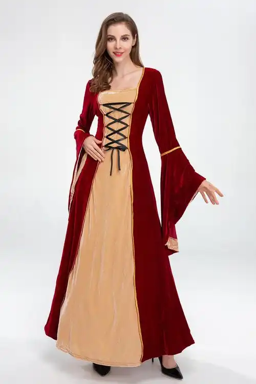 万圣节复古宫廷中世纪演出服cosplay王后女王长裙大红色 欧洲服装