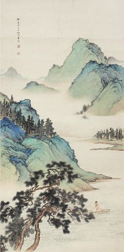 仿古古画名画复制品陈少梅松溪放棹60x121厘米山水画国画