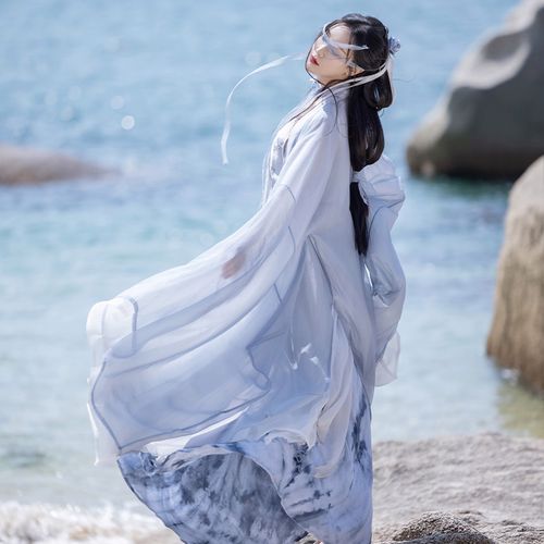拟梦鲸落原创宋制日常飘逸超仙气扎染蓝色改良汉服国风汉元素春夏