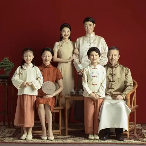 新款影楼亲子全家福主题摄影服装家庭装一家六口拍照复古中式民国