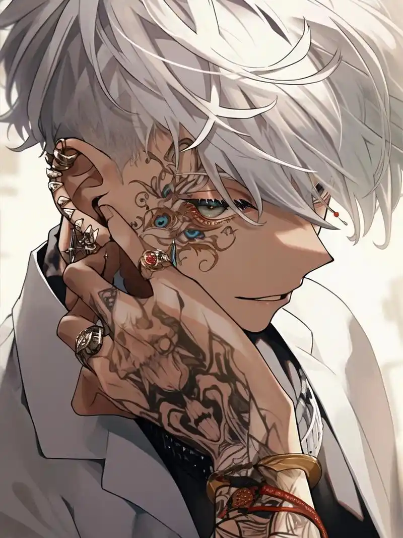 002|花臂l 不羁·白发少年 #二次元  #头像分享 #男生头像 #ai 绘画