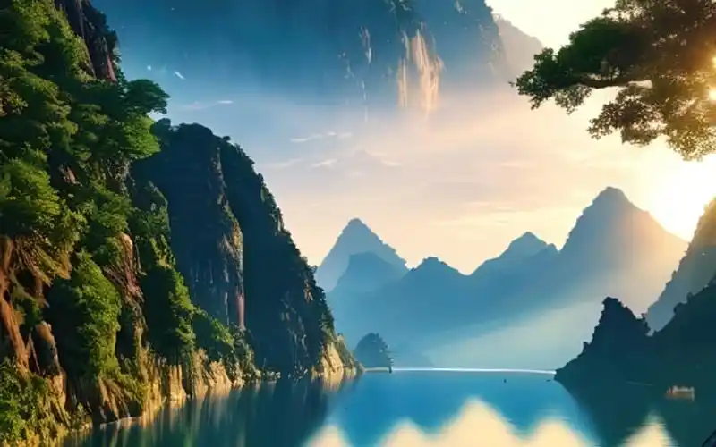 山川美景朝霞下的大自然风景古风插画15