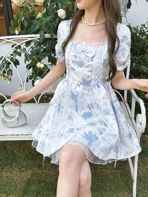 新款法式在逃公主蓝色提花蓬蓬裙连衣裙韩版春季仙女超仙森系裙子