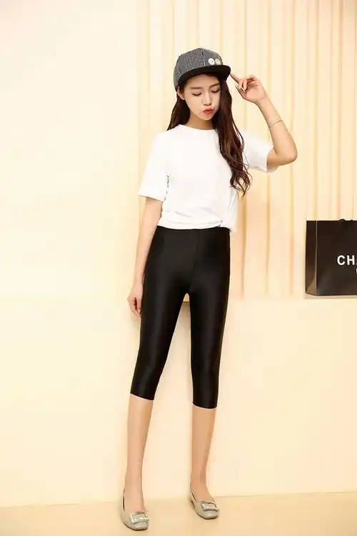 麦泉 夏季新品光泽女裤七分 薄款大码弹力打底裤女裤批发