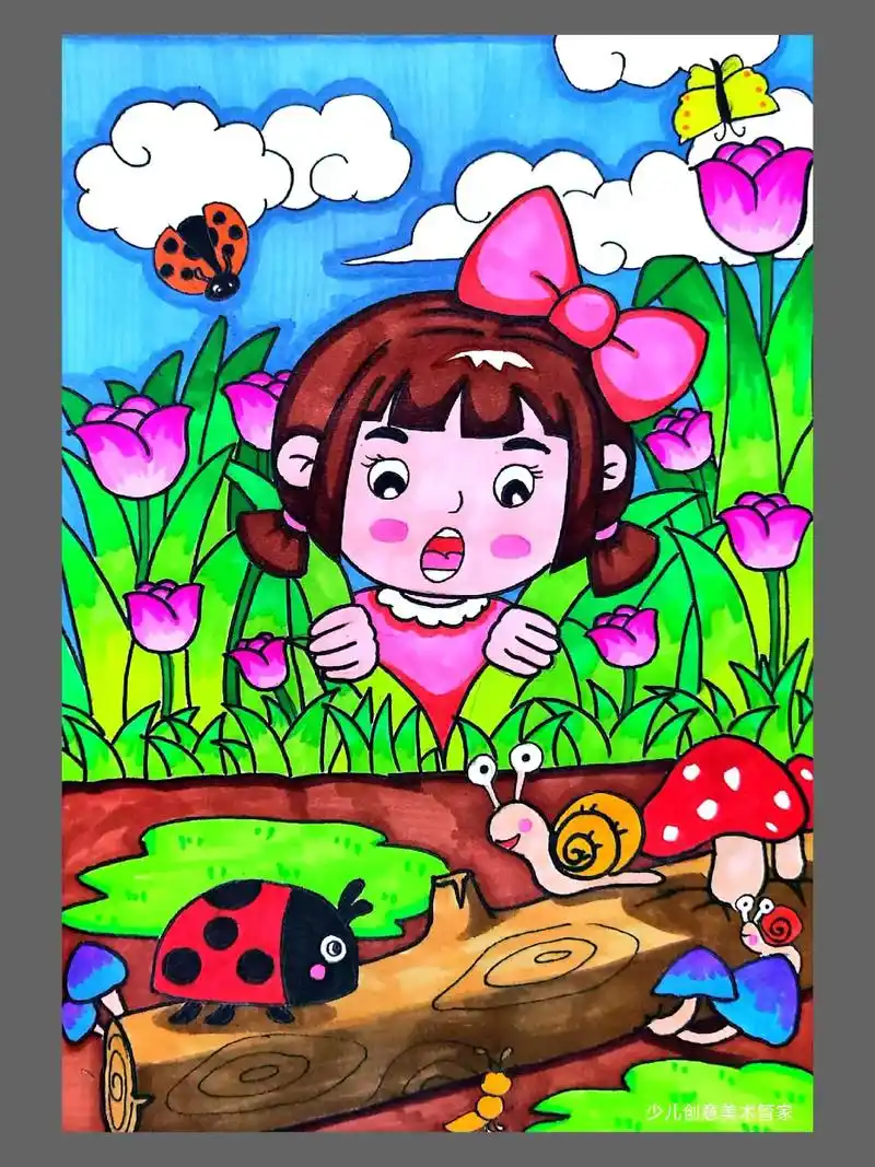 二十四节气主题画《惊蛰起--万物生》马克笔|7-8岁#儿童画 - 抖音