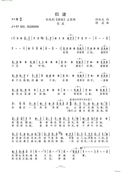 归途( 电视剧《猎狐》主题曲 ) 张磊 歌谱简谱网