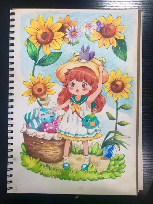 可爱彩铅人物画色彩小女孩手绘插画