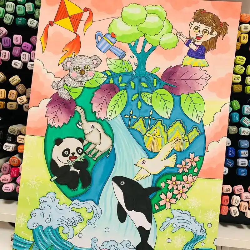 珍爱地球人与自然和谐共生绘画 - 抖音