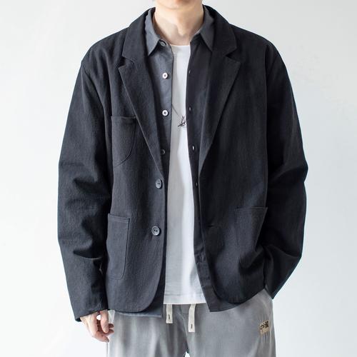 写意秋季新款日系复古文艺男薄款棉麻西装外套宽松落肩休闲西服