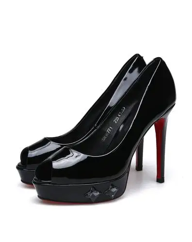 黑色个性水钻防水台牛漆皮超高跟鱼嘴单鞋