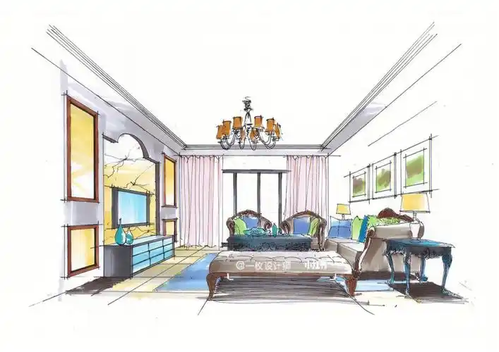 简欧风格客餐厅手绘效果图