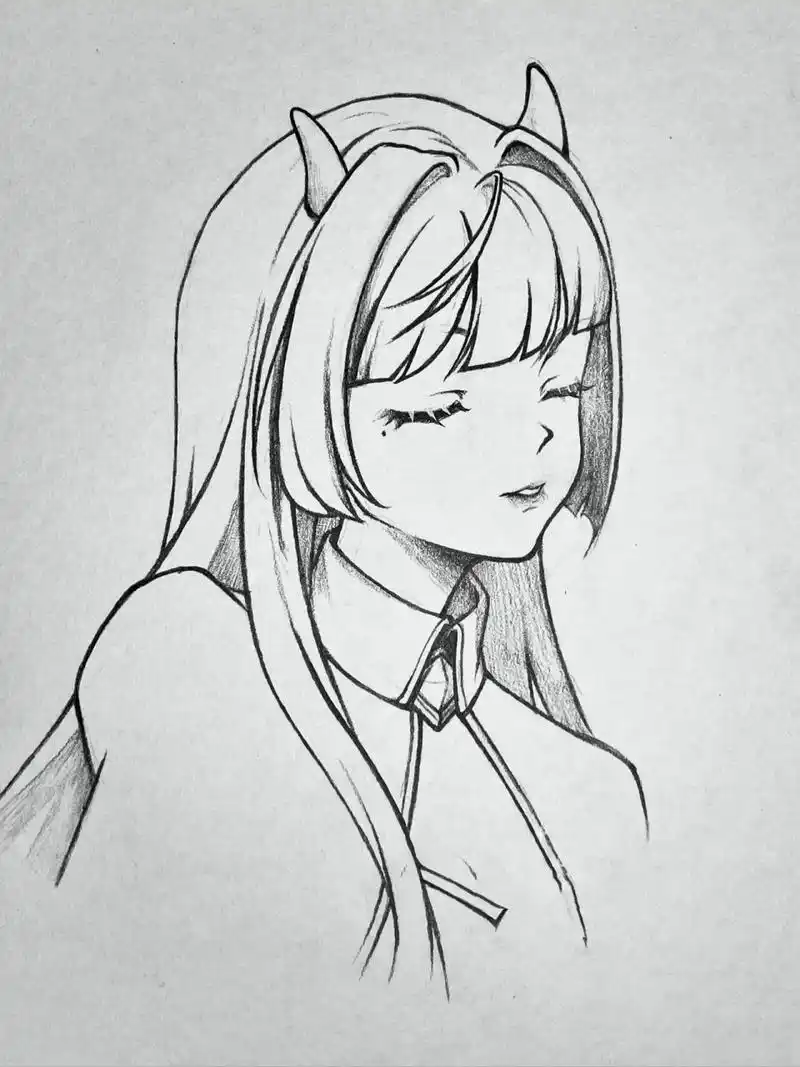 舒服动漫画少女人物头像手绘线稿绘画教程 牛角少女漫画手绘线稿 96