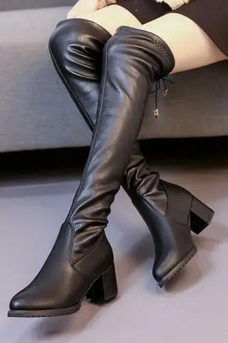 过膝长靴女高跟冬季2017新款粗跟弹力瘦腿靴尖头显瘦高筒靴