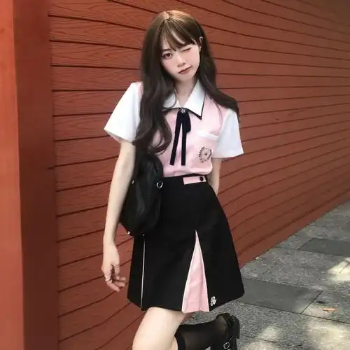 学院风夏季新款套装小个子撞色短袖上衣高腰半身百褶裙甜美女装潮