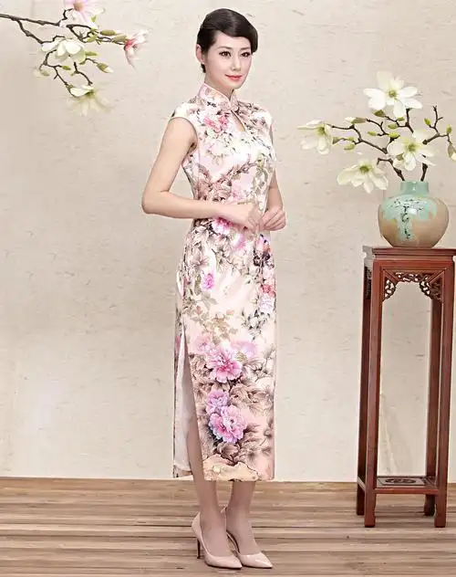 女款真丝印花长款旗袍