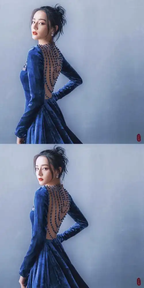 迪丽热巴蓝色丝绒长裙