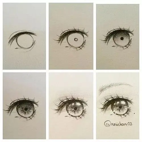 眼珠比较大,圆,明亮动漫眼睛中间宽,圆,眼角窄铅笔眼睛技法也可以跟